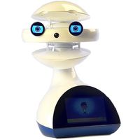 A beige robotic head consisting of three spherical segments and expressive eyes on a base with a display.