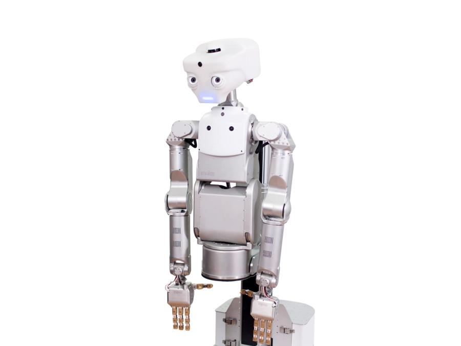 The robot wears a sad expression. A bright light forms its mouth, and its face and arms are pointed downwards.