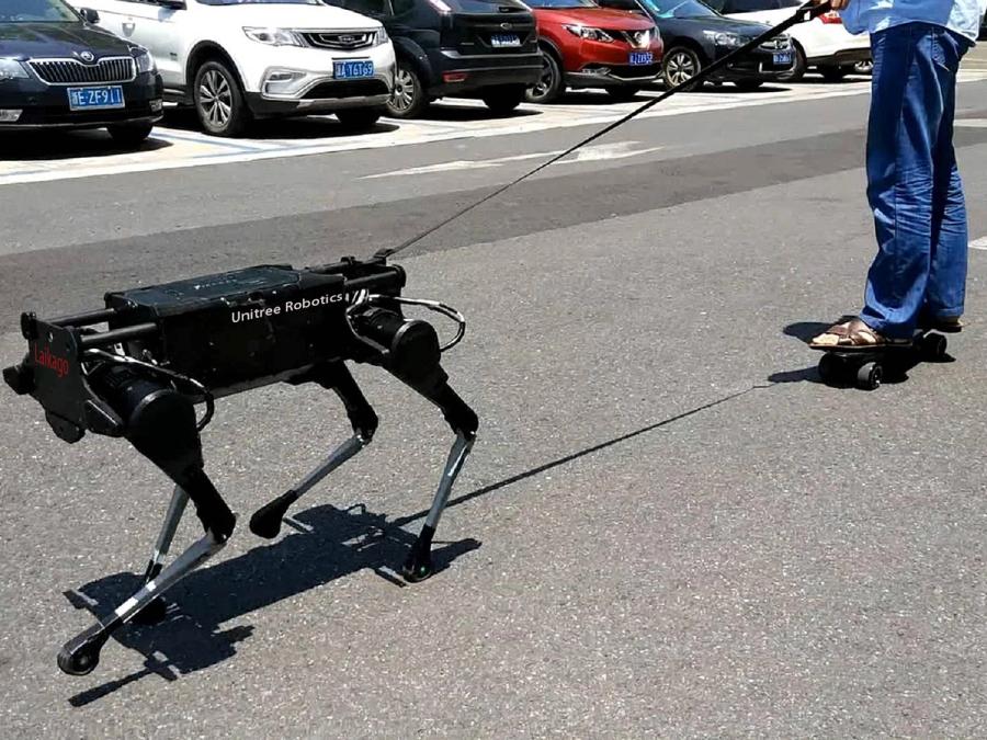 A person on a skateboard has a leash attached to the black robotic quadruped dog.