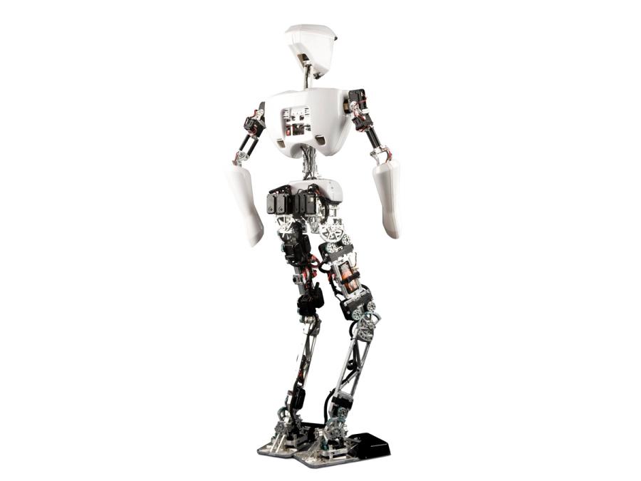 Rear view of the bipedal humanoid robot showing exposed electronics.
