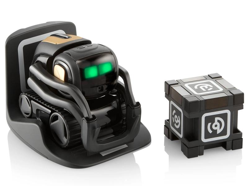 Vector is a simple, compact, black wheeled robot smaller then the palm of a hand with two glowing green eyes sits next to a black cube with white simples on each end.