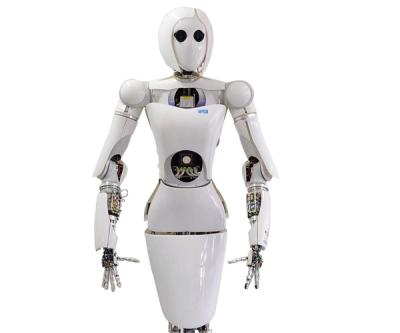 A 360° spin of a white humanoid robot with a female appearance, including a bob hairdo and the appearance of wearing a dress.