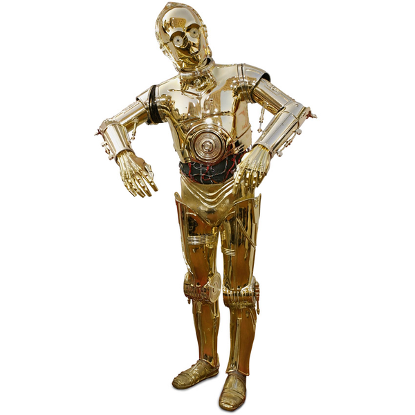 C-3PO droid from Star Wars, with a golden humanoid body, lifts its arms slightly, against a white background.