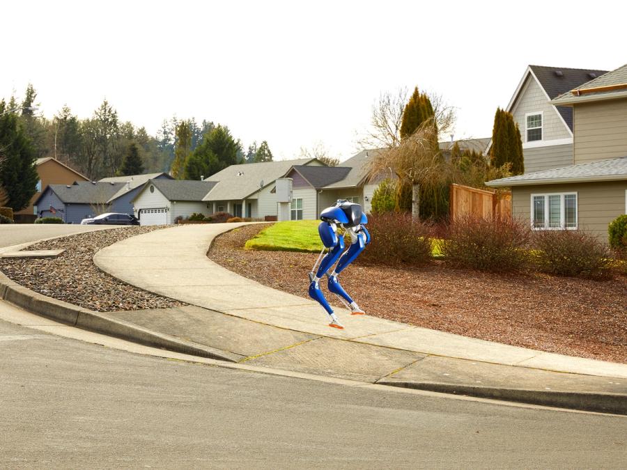 Blue bipedal legs walk through a suburban neighborhood.