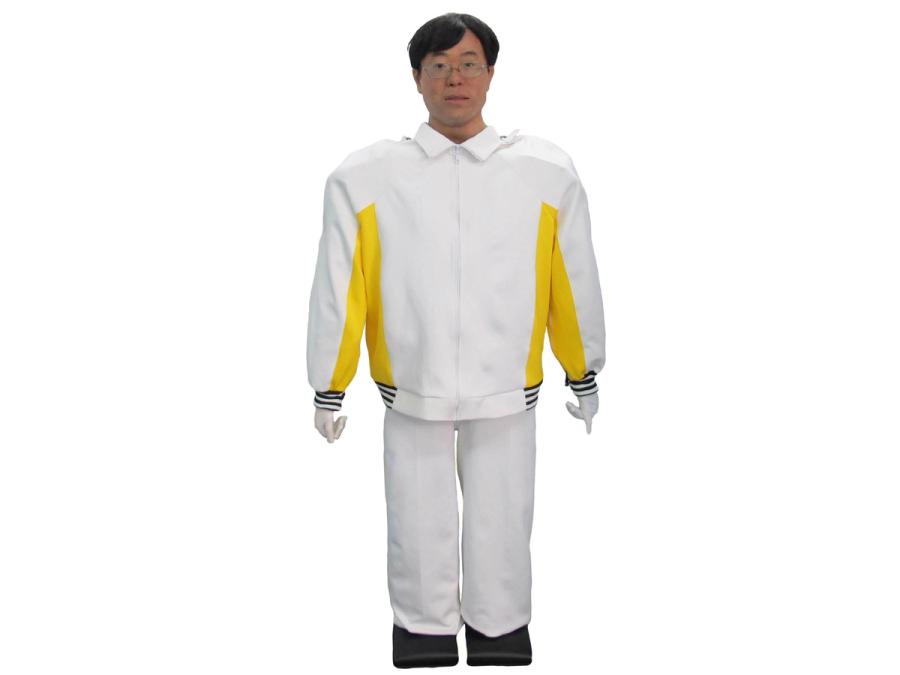 A man in a oversized white and yellow outfit.
