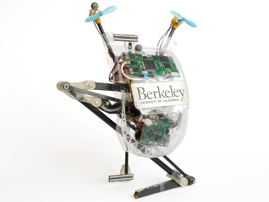 A small, 31cm tall one-legged robot with a transparent body packed with electronics and two small blue propellers on dual poles protruding from its shell. It's leg is bent at a hinge, and it has a stand on the opposite side so that it can balance seated.
