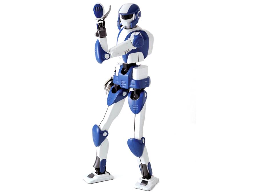 A blue and white bipedal robot that appears to be cartoonish yet humanoid shaped and wearing a helmet, poses with its arm flexed.