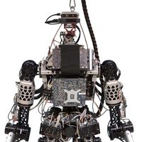 Waist up view of a humanoid robot with exposed electronics and a head consisting of two stacked rectangles with cameras and sensors.