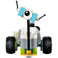 A simple collection of Lego bricks form a cute two wheeled robot with a single eye on a stick. 