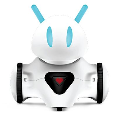 A simple, small, white robot with two wheels, a black camera in its chest with a red heart icon, and blue glowing eyes and antenna ears.