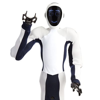 Close-up of EVE, a black and white soft humanoid robot. It's face displays blue circles for eyes, and a smile. One of it's two gripper hands is raised in a greeting.