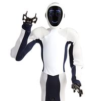 Close-up of a black and white soft humanoid. It's face displays blue circles for eyes, and a smile. One of it's two gripper hands is raised in a greeting.