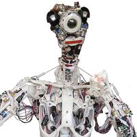 Humanoid robot with human-like musculoskeletal structure and wiring, whose appearance makes it look like it has one eye in its head.