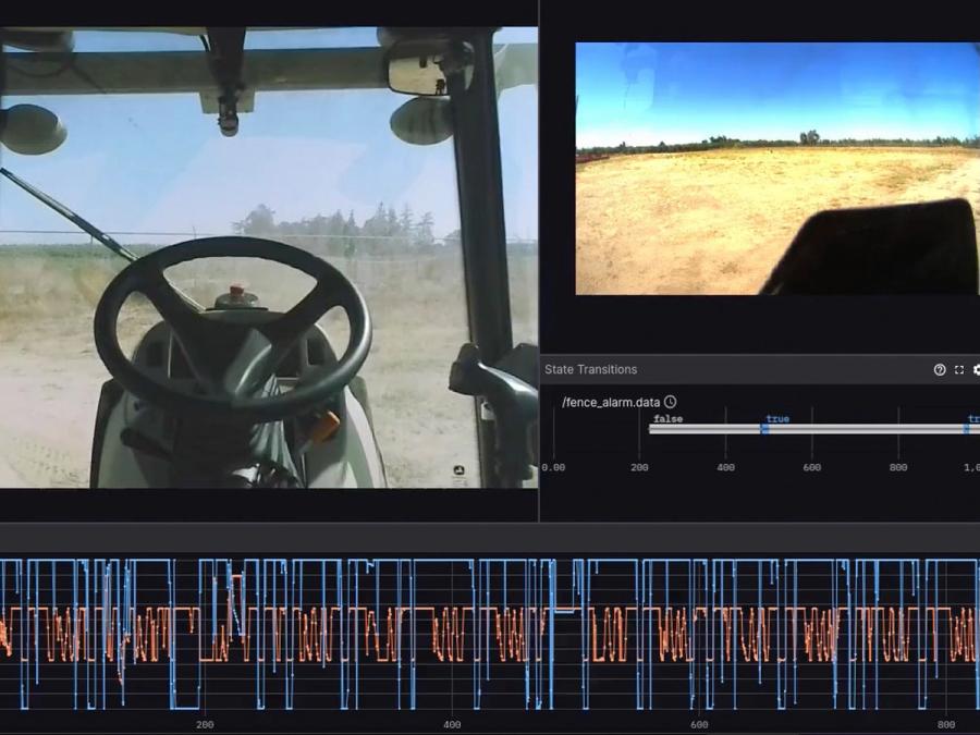 A screenshot showing a cab view of Polymath Robotics autonomous Farmonacci tractor.