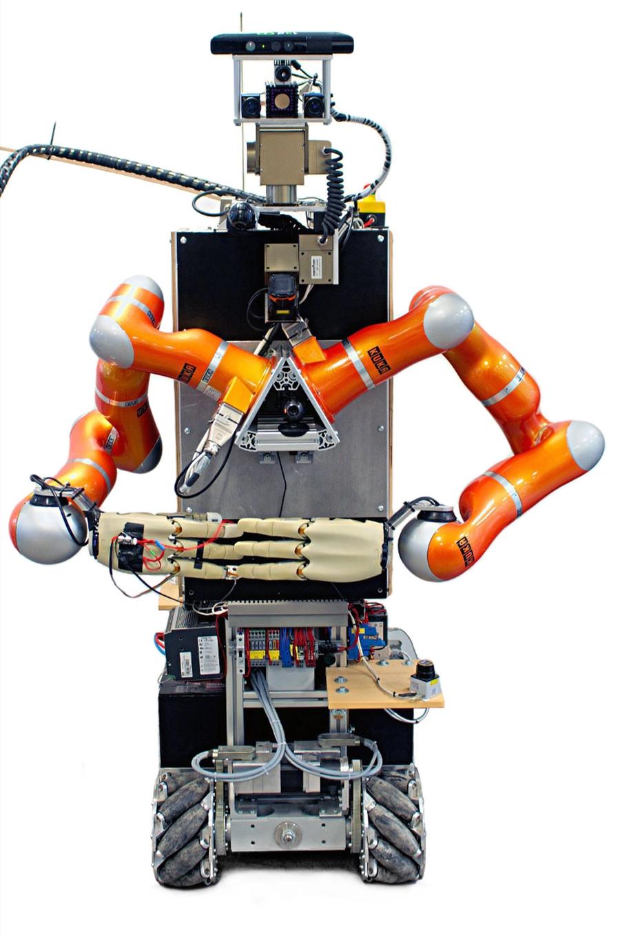 A vertical rectangular box on wheels supports two industrial orange arms and hands with four fingers. The robots head is composed of cameras and a sensor bar.