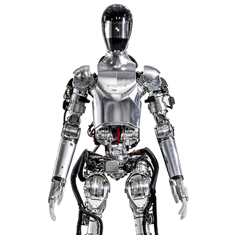 Figure 01 is a shiny silver bipedal humanoid with hands and a helmeted head.