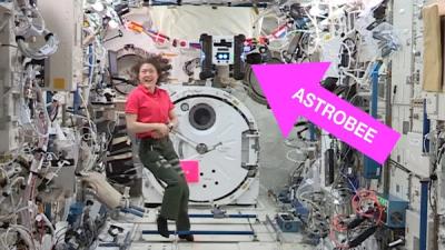 A female astronaut floats inside the space station next to Astrobee, a robotic cube, which floats above her.