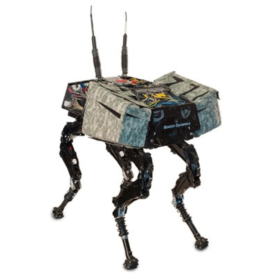 A quadruped robot with military camouflage on its base and two pieces sticking up vertically in the back.
