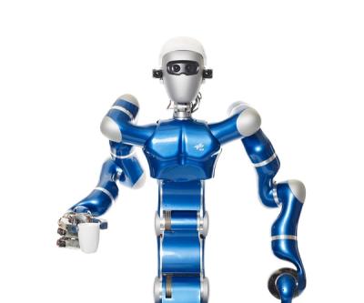 A shiny blue and silver humanoid with two long arms with silver hands places a teacup on a plate, and then holds it out to the camera.