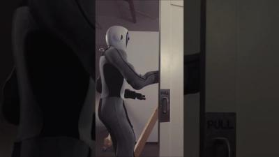 Humanoid robot EVE, with LED face and fabric covered body, uses one of its hands to pull the handle of a door.