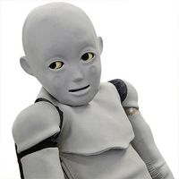 Toddler robot with grey flesh.