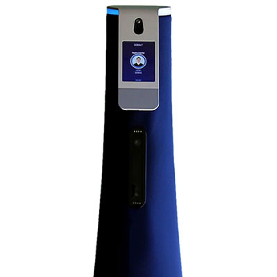 A blue telepresence robot with a screen display.
