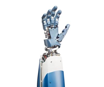 A series of images show a human-like robotic hand with five jointed fingers which close one by one to form a fist, and then reopen one by one.