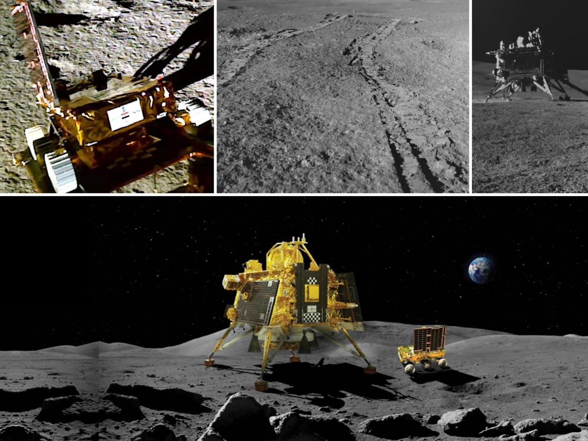 A collage of images, including an illustration of a rover and lander on the moon, as well as the rover on the moon, its tracks, and a photo it took of the lander.
