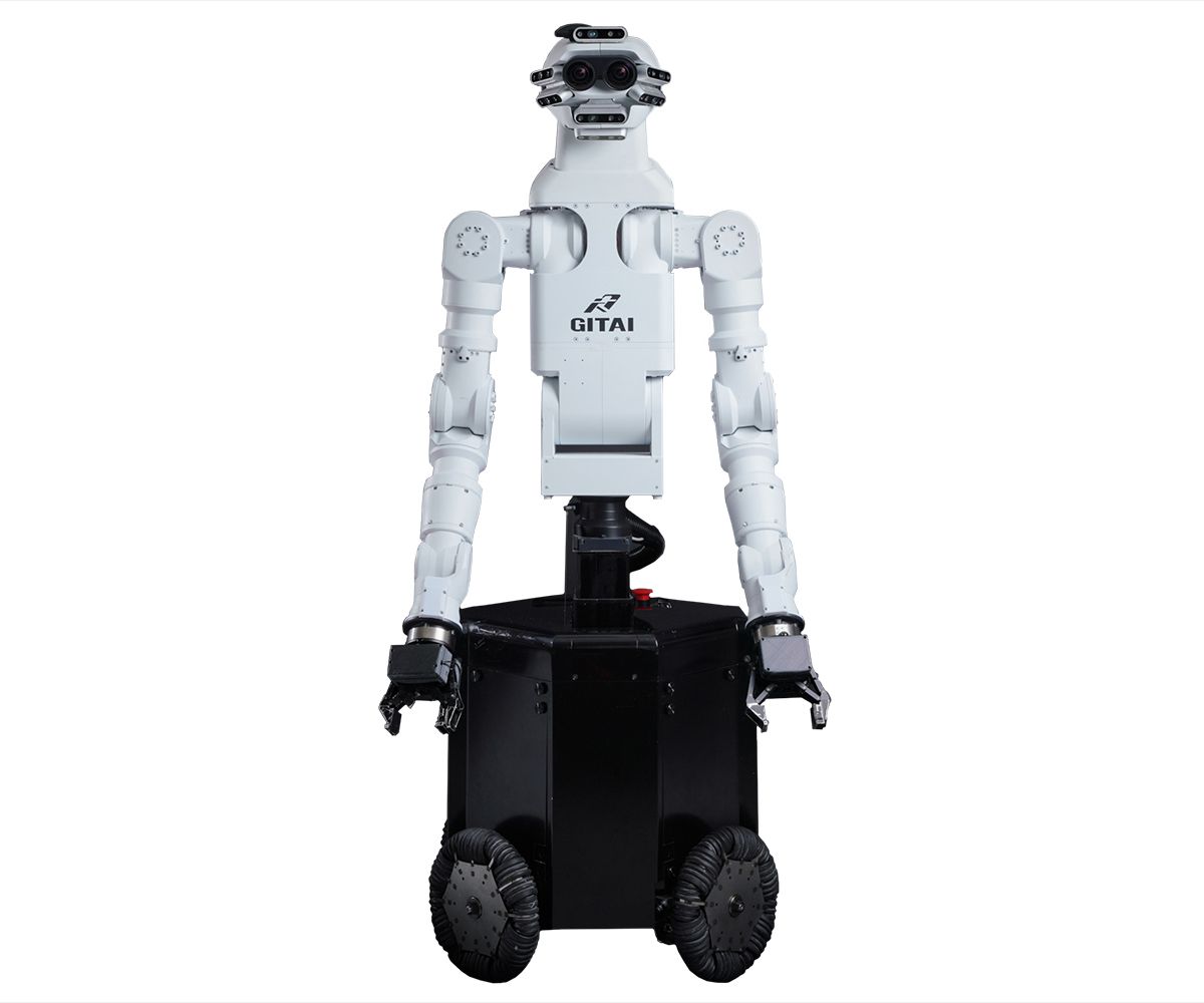 A series of images show a 360 degree view of a white humanoid torso with two industrial arms with two finger grippers, and a head full of cameras and sensors, on a black wheeled base.
