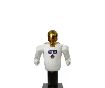 A robot astronaut torso with a gold helmeted head spins while flexing it's arms.