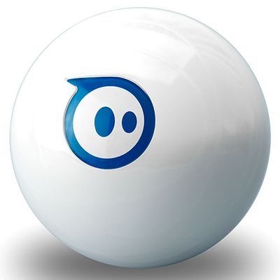 A white ball with a logo on it like a blue circle with two eyes.
