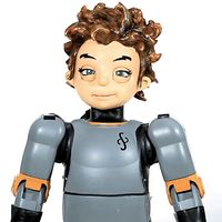 A cartoonish and compact humanoid robot male with an expressive face, brown hair, and gray arms and chest.