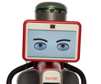 A robot with a tablet displays a range of emotions through color and the expressions of its eyes and eyebrows.