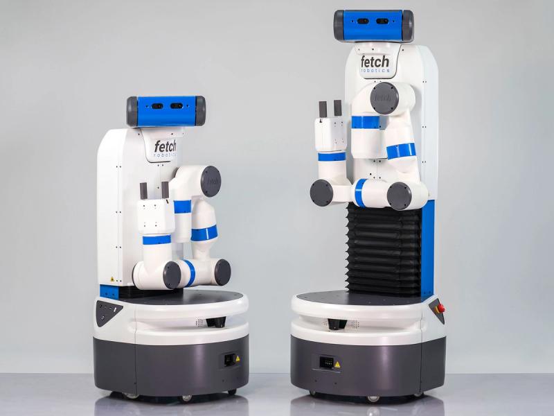 Two mobile robots with articulated arms, camera sensor, and an accordion-style section in the base that has raised one higher than the other.