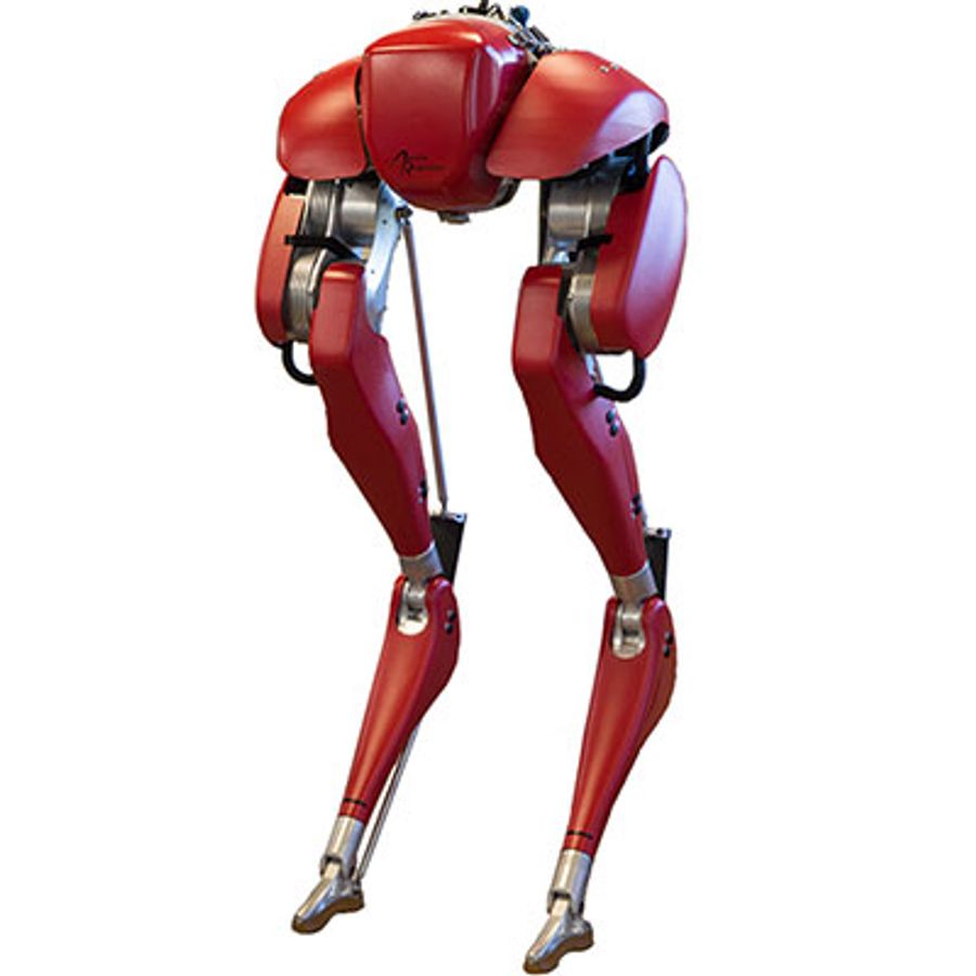 A robotic set of legs which consist of a hard red shell over electronics.