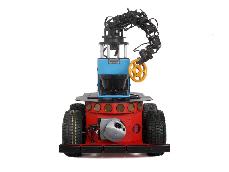 A robot with four wheels on it's red base, which holds a smaller blue base attached to a robotic arm which is gripping a segmented circle.