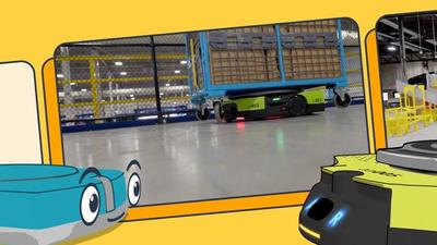 Two cartoon robots, one turquoise with big eyes and another yellow-green with LED eyes, face each other, with a photo of an Amazon warehouse where a squat mobile robot carries a tall rack of products.