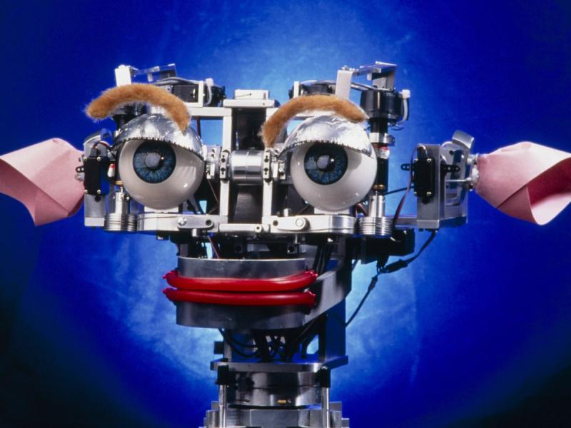 Close-up of a robot with an aluminum frame and cartoonish, friendly parts that give it a personality, including a flexible red mouth, plastic eyeballs, fake eyebrows and eyelids, and pink paper folded to look like ears.