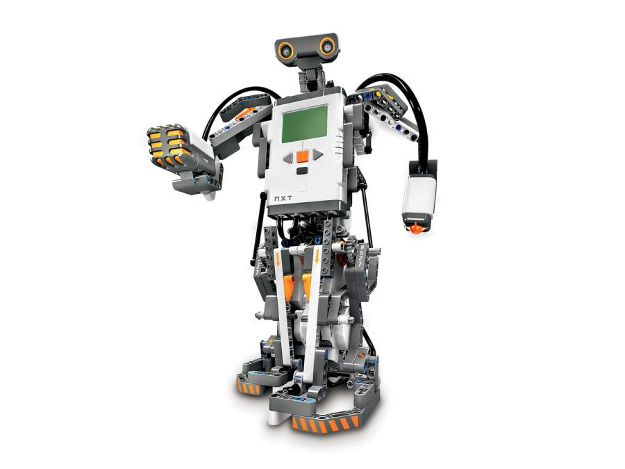 A humanoid robot made of Lego bricks, with a programmable module for a torso.