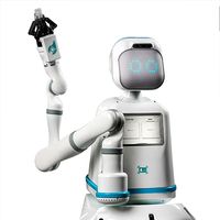 A white mobile robot with a helmet like head and face display with glowing light circles. An articulated arm coming out of the torso has a two finger gripper.