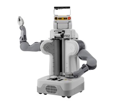A rotating view of a PR2 mobile robot with a metallic torso, a head with cameras and sensors, two arms with gripper hands, and a mobile base. The robots arms are posed on it's hips.