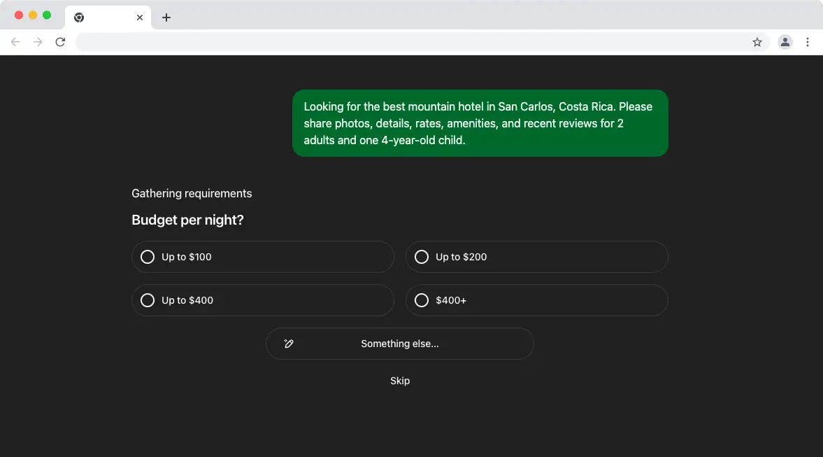 Asistente de IA solicitando el presupuesto por noche durante la búsqueda del mejor hotel de montaña en San Carlos, Costa Rica.