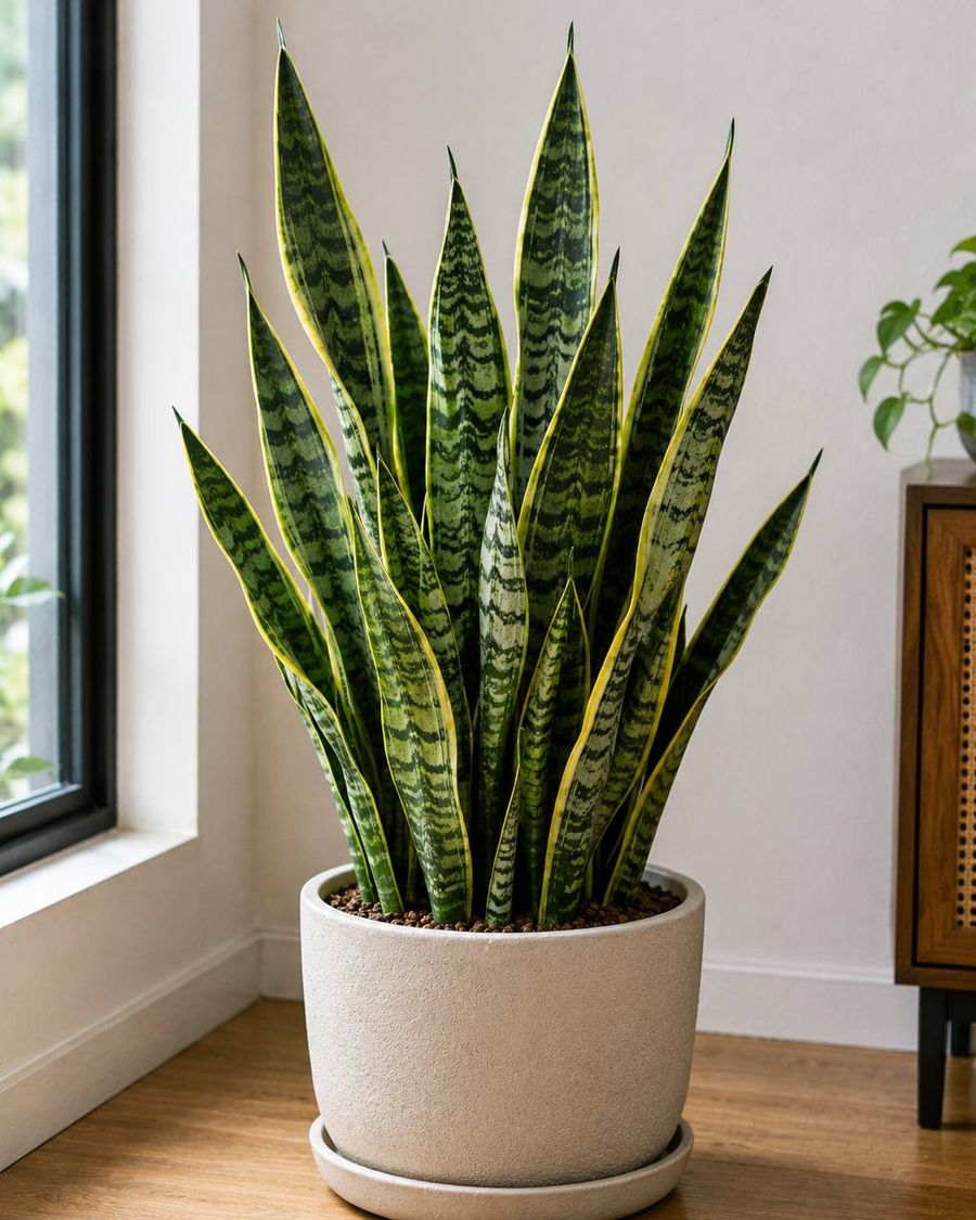 Snake plant with tall upright green leaves in a pot beside a window