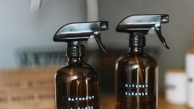 Cleaning supplies in a bright home kitchen