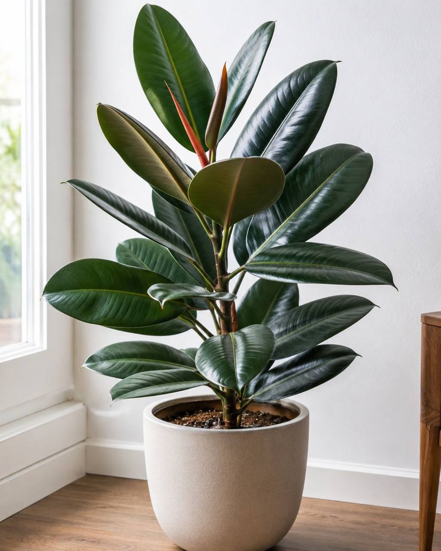 Rubber plant with large glossy green leaves in a pot beside a window