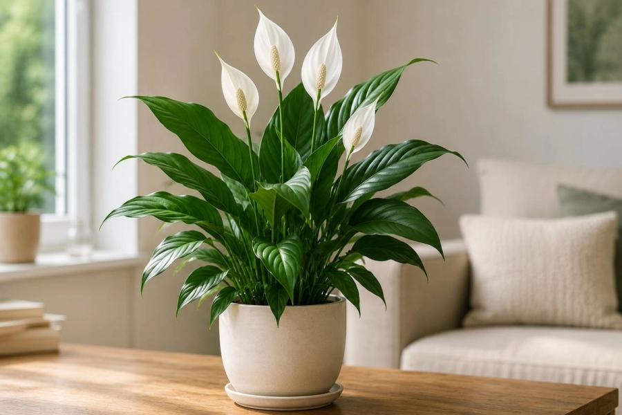 Peace lily with white flowers in a pot on a table in a bright living room