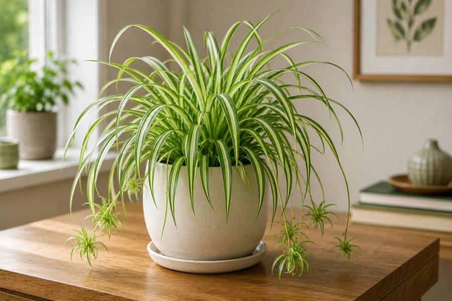 Spider plant in a pot on a wooden table in a bright home