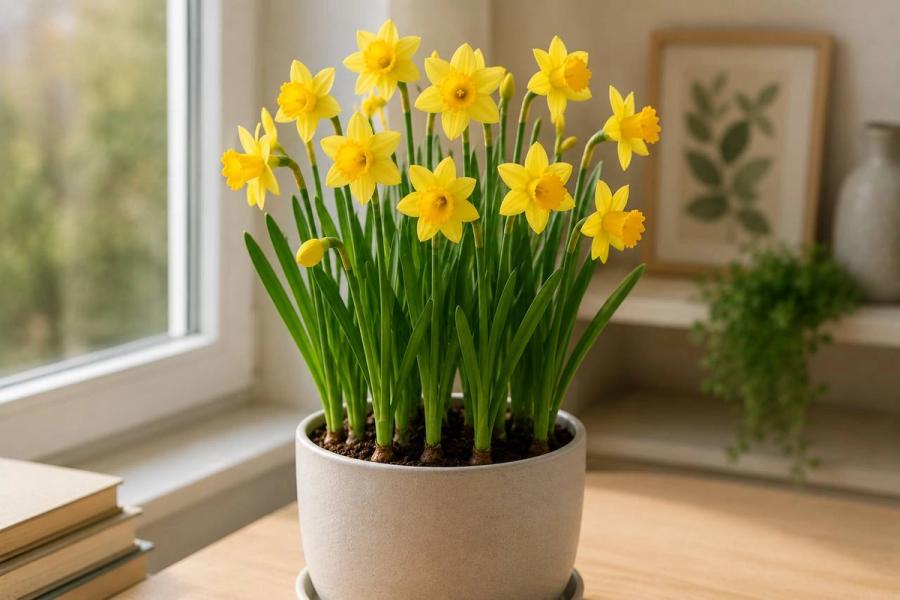 Yellow daffodils in a pot on a windowsill inside a bright home