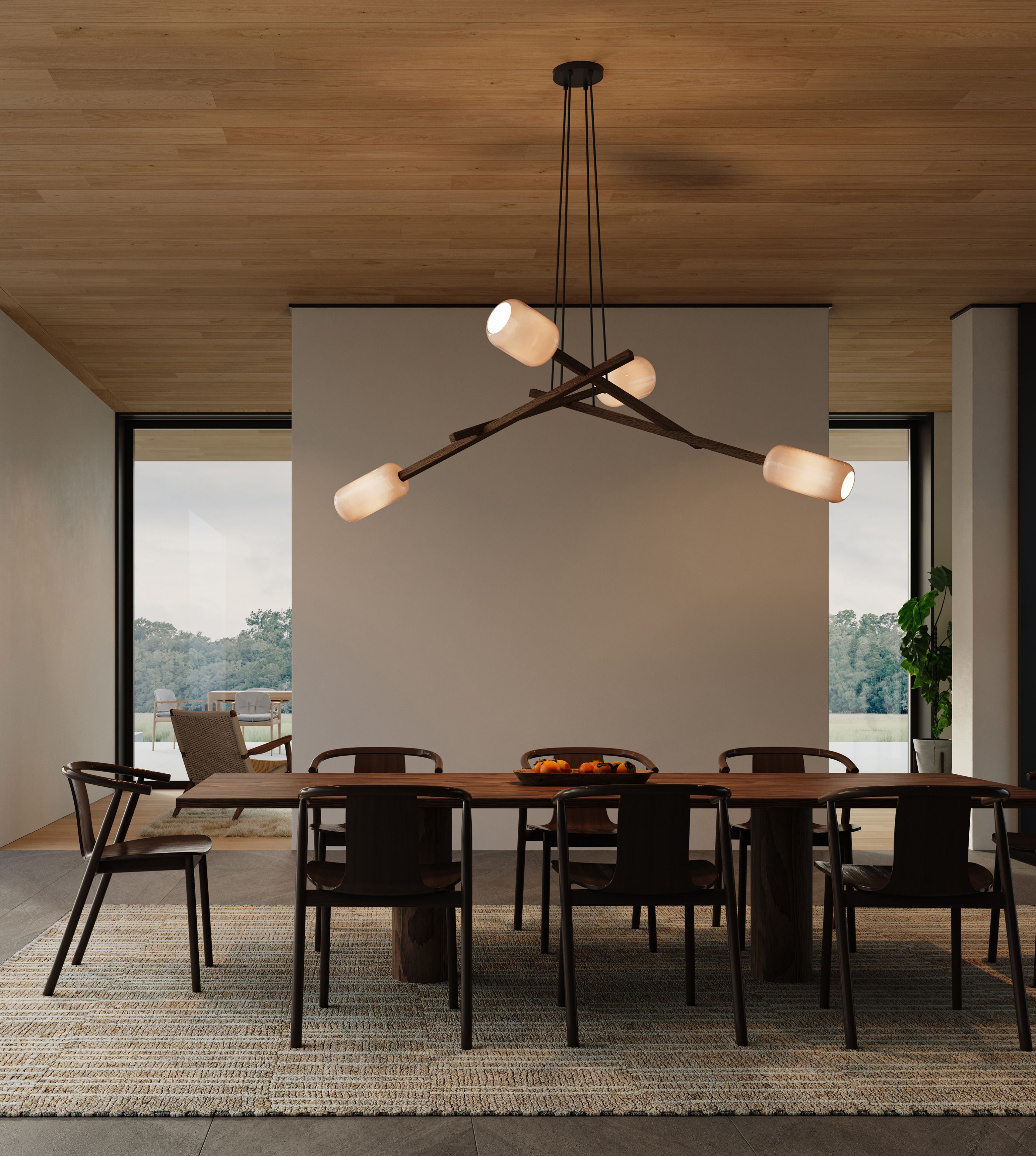 Above 90 represents Cerno's Locus chandelier. The wood and glass are in balance, exuding both strength and fragility.
