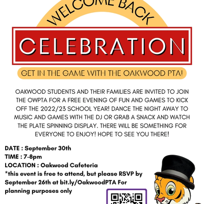 The Oakwood PTA is hosting our 2022 Welcome Back Celebration on Friday, September 30th! 